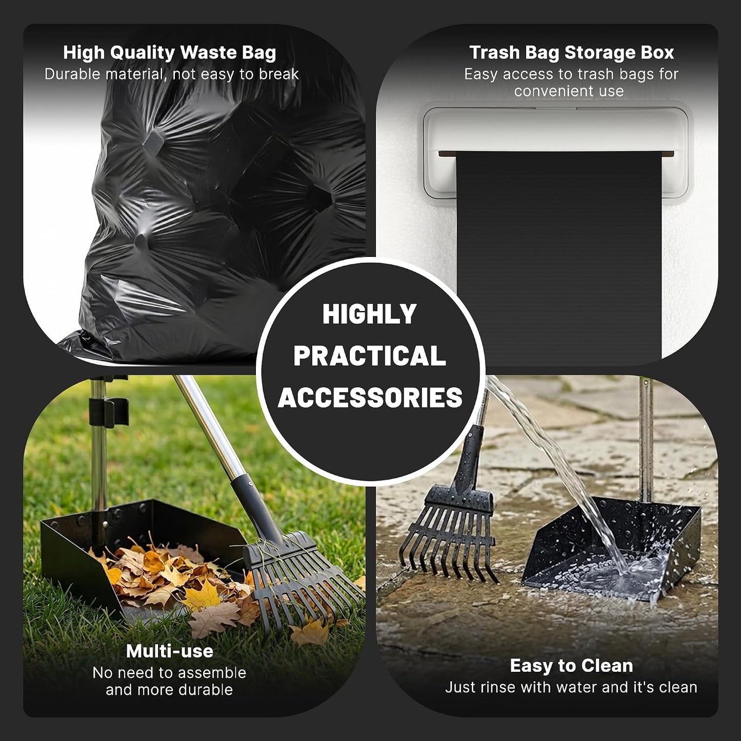 Dog Poop Trash Can Outside - 20L/5Gal Pooper Scooper Sets and Spade, Black | Outdoor Trash Can with Lid, Inner Bucket, Dog Poop Scooper Set, Metal Tray, Rake and Spade, 100 Trash Bags & Storage Box