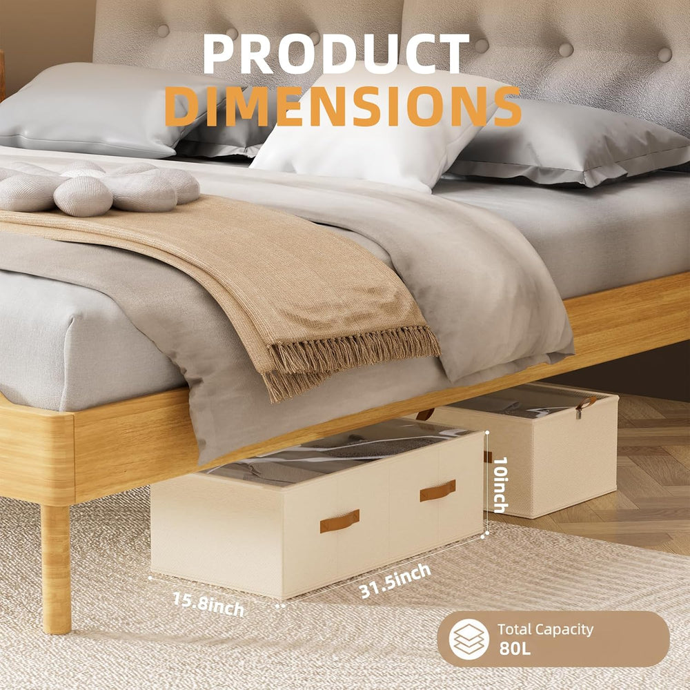 FHSQX 4 Pack Under Bed Storage Bins,10 Inch Tall,Beige, 31.5x15.8x10 inch