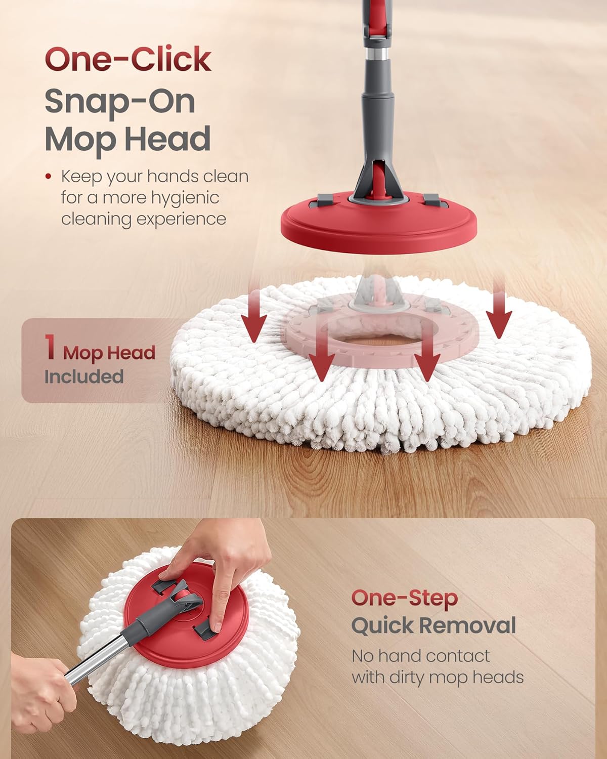SONGMICS Spin Mop and Bucket Set with Pedal Wringer, Floor Cleaning Mop, Adjustable Telescopic Handle, Max. 59.1-Inch Length, 360° Rotating Head, 4 Microfiber Pads, Gray and Red ULMB002GT04