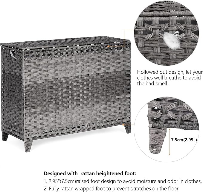 Laundry Hamper with 4 Removable Liner Bags; 176L Handwoven Rattan Laundry - Image 5