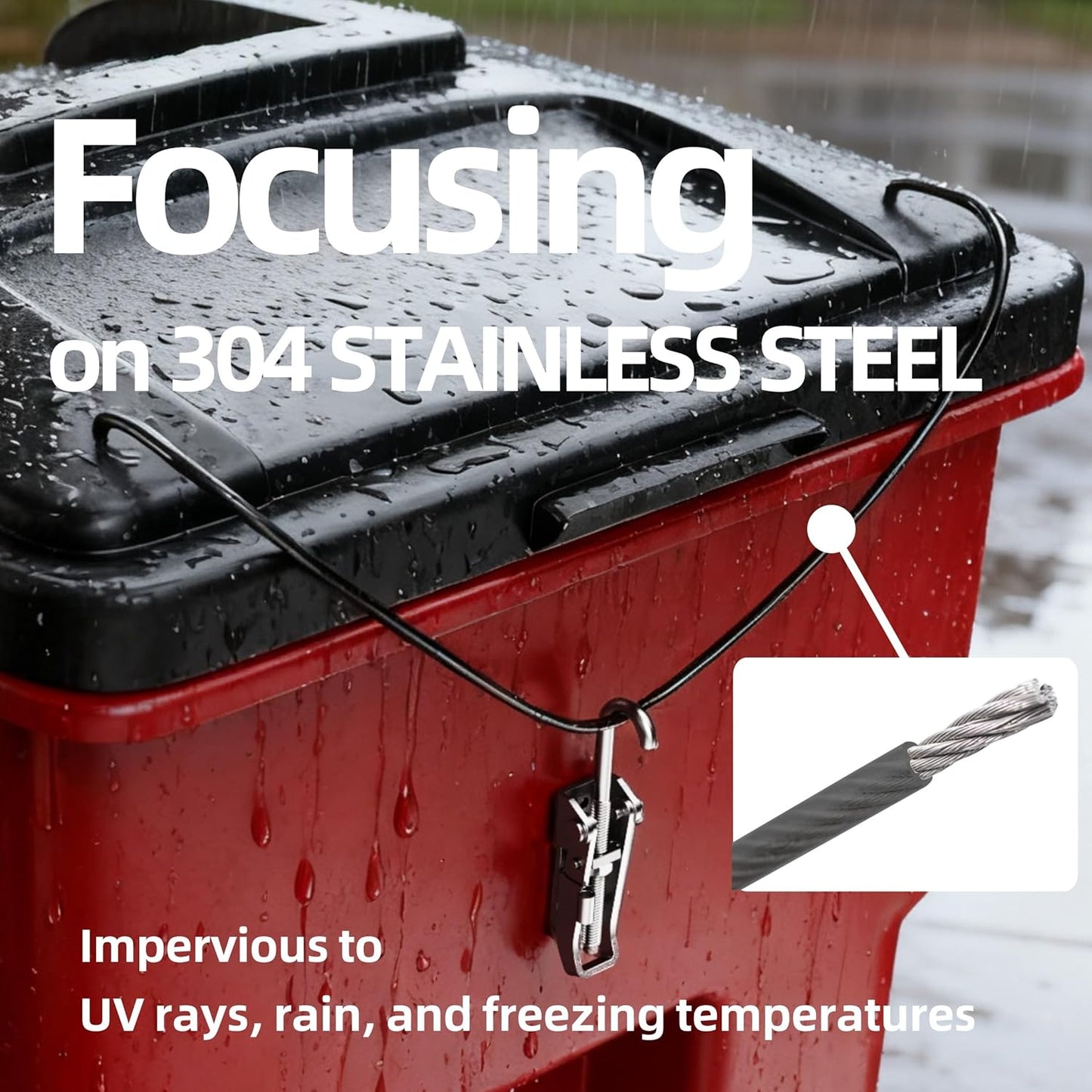 Animal Proof Trash Can Lock, 304 Stainless Steel Tension Latch for Raccoon & Bear Prevention, Universal Fit for 20-100 Gallon Outdoor Bins
