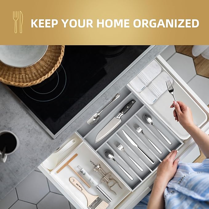 Silverware Organizer 13 Inch Gray Bamboo Kitchen Drawer Organizer 7 Slots - Image 5