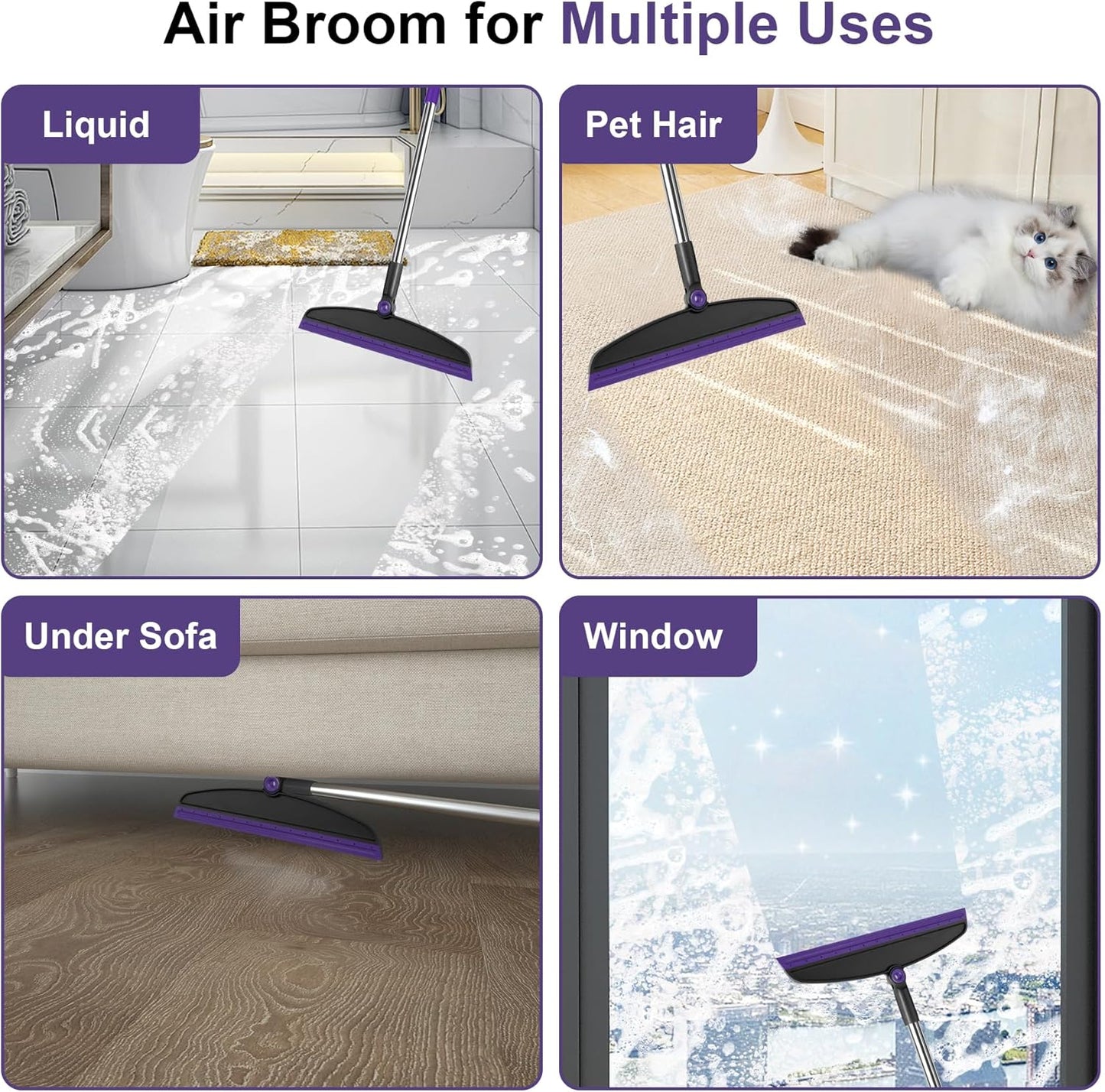 Broom and Dustpan Combo Set, 51" Long Handle Broom with Squeegee | Wet & Dry Cleaning for Pet Areas, Built-in Comb Dustpan, Foldable Space-Saving Storage, Multi-Surface Floor Cleaning
