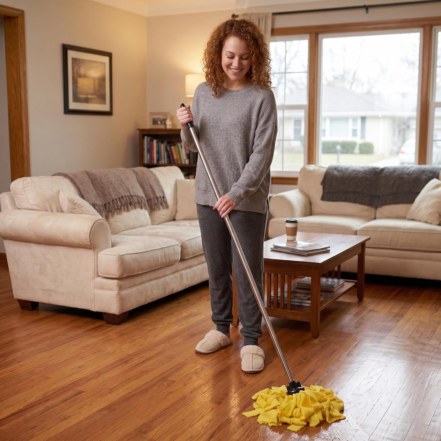 Microfiber Cloth Mop for Floor Cleaning with 2Pcs Replacement Head,Long Handle String Wet Floor Mop for Home,Hardwood,Laminate,Tile,Marble (Yellow)