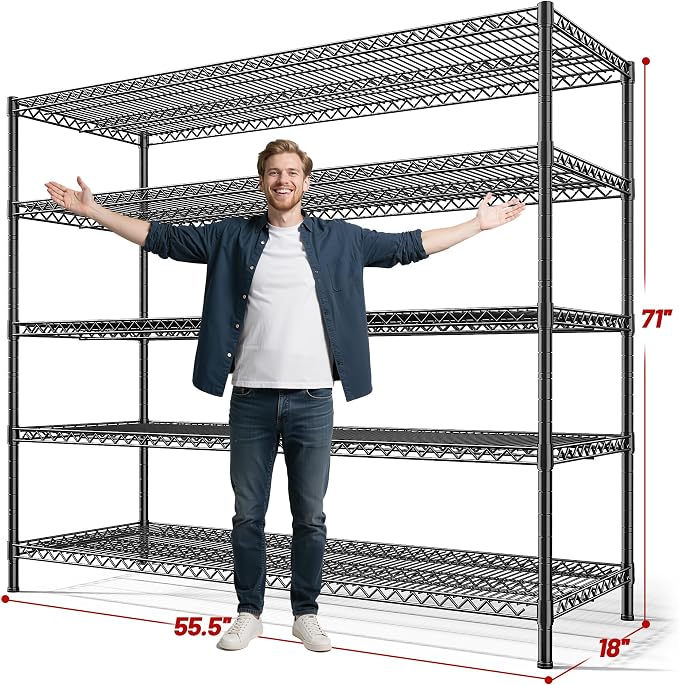 REIBII 55.5" W Storage Shelves 3200LBS Metal Shelving 5 Tier Wire Shelving Unit - Image 3