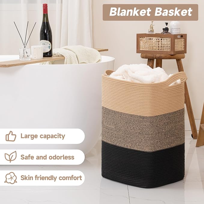 CLHMILY&Z 95L Laundry Basket Rectangular Black Jute Rope - Image 2