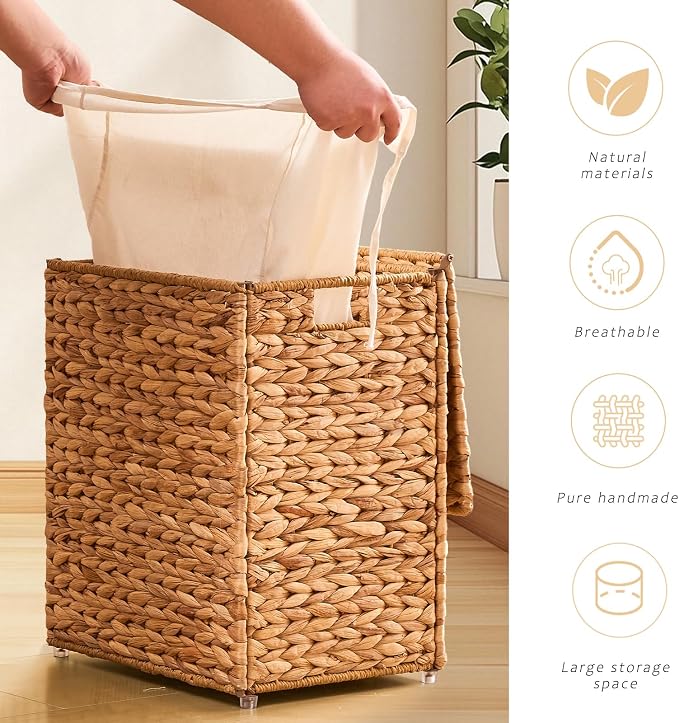 Handwoven Laundry Basket with Lid, Natural Water Hyacinth Storage Basket with - Image 3