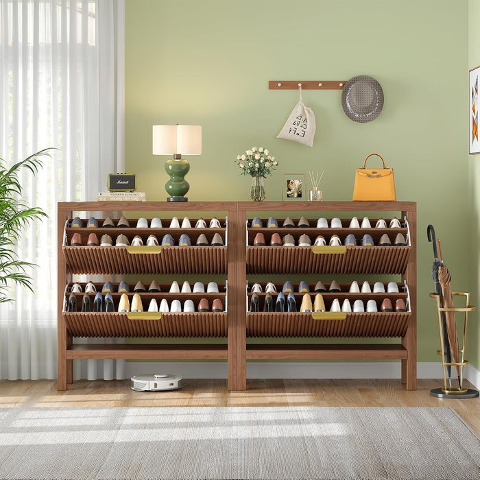 Modern 4-Tier Flip Drawer Shoe Cabinet, Freestanding Hidden Slim Narrow Shoe Rack Cabinet, Wooden Large Capacity Shoe Storage Cabinet Shoe Organizer, for Entryway, Hallway, Walnut X2