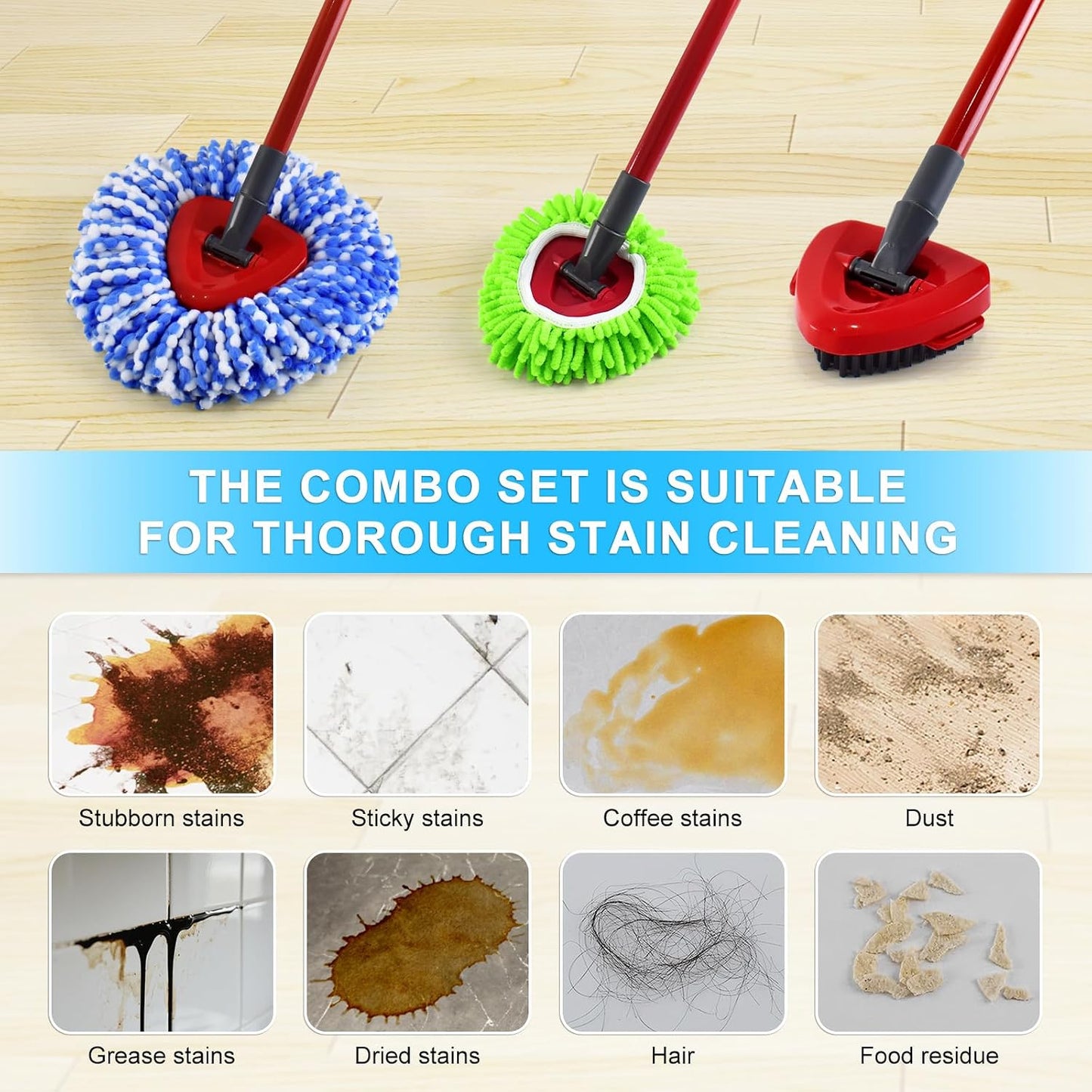 Mop Head Replacement for O Cedar, Spin Mop Replacement Head for Ocedar Easywring 2 Tank System, Mop Heads Includeds 3 Mop Replacement Heads, 2 Spin Scrub Brush, 1 Base & 1 Chenille Pad