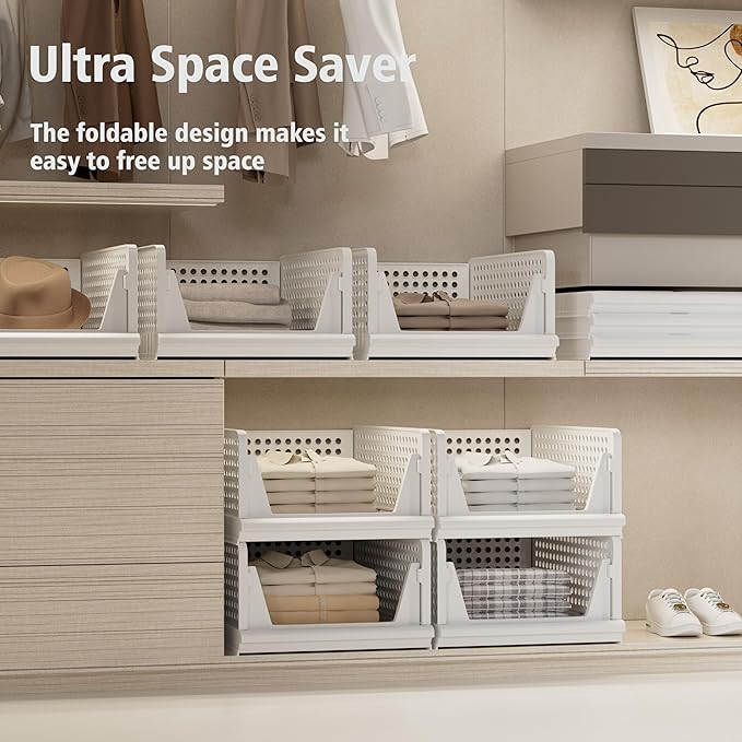 Proarea 5 Pack Stackable Plastic Storage Basket Closet Organizer Bin Foldable - Image 4