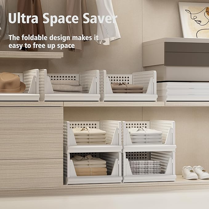 Proarea 5 Pack Stackable Plastic Storage Basket Closet Organizer Bin Foldable - Image 4