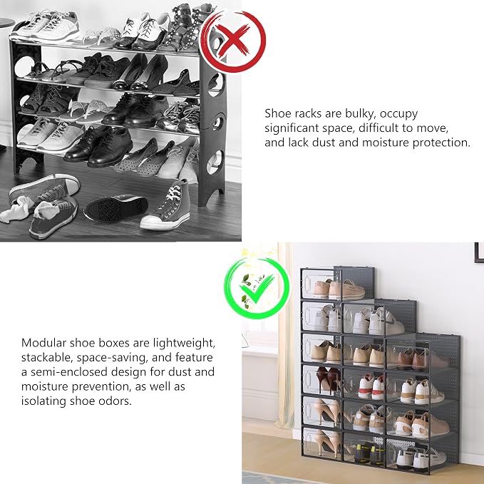 12 Pack Large Modular Clear Plastic Stackable Shoe Storage Organizer - Image 6