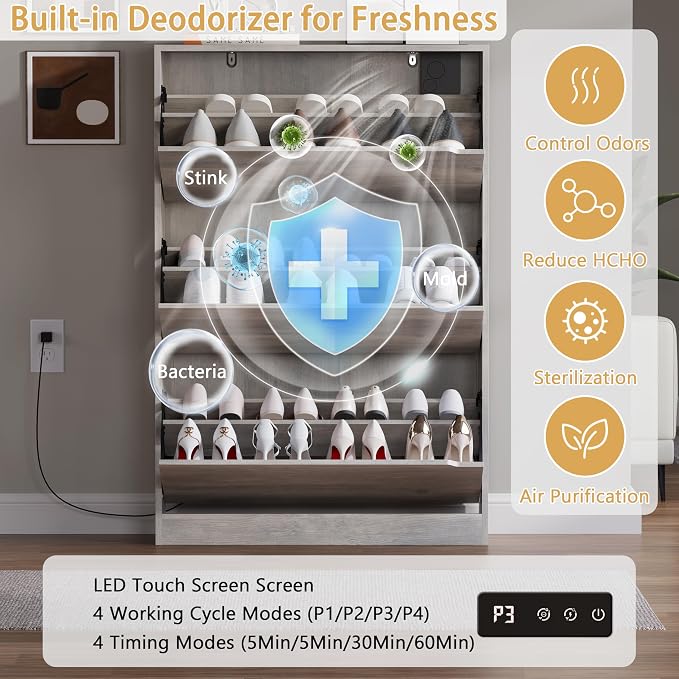 Shoe Cabinet with Odor Control and Back Panels, Deodorizing Slim 3-Flip Shoe - Image 3