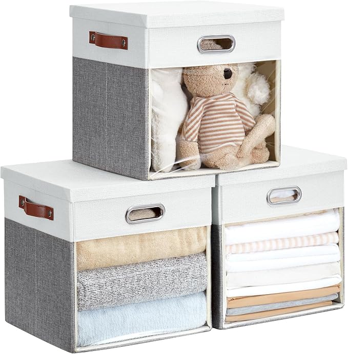 Fabric Storage Cubes with Clear Windows and Lids, Decorative Storage Boxes by Roobyl