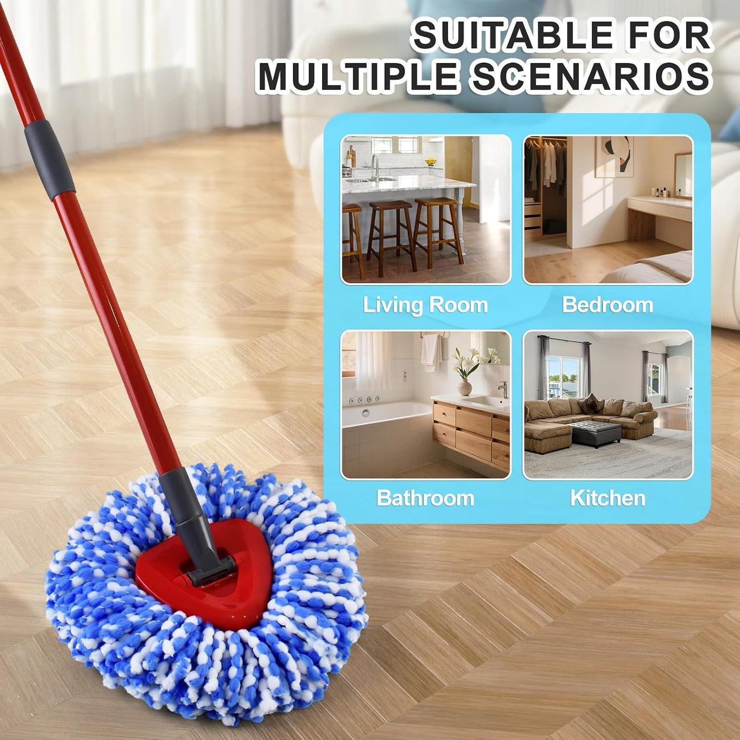 Mop Head Replacement for O Cedar, Spin Mop Replacement Head for Ocedar Easywring 2 Tank System, Mop Heads Includeds 3 Mop Replacement Heads, 2 Spin Scrub Brush, 1 Base & 1 Chenille Pad