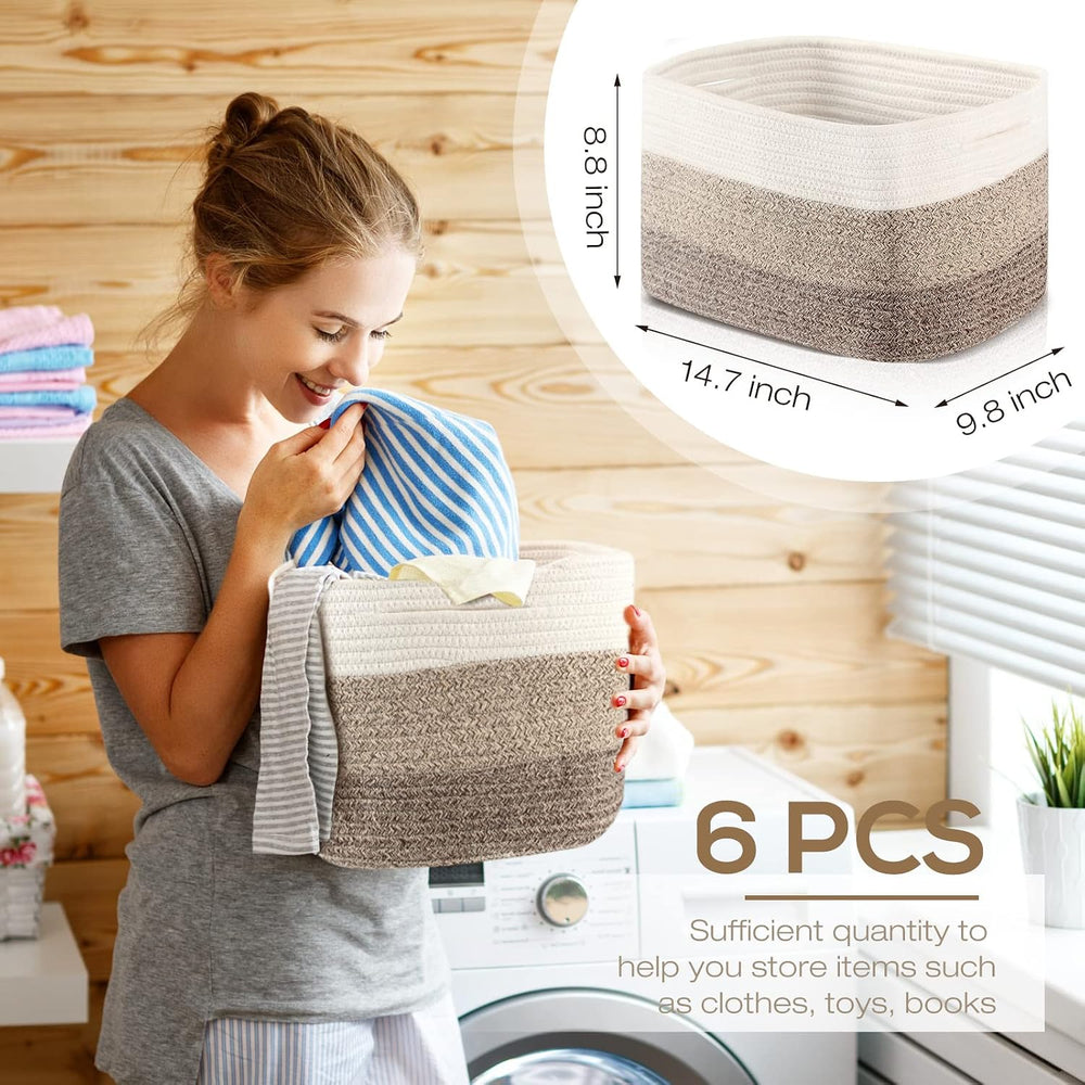 Geetery 6 Pack Woven Storage Baskets Cotton Rope with Handle, Dark Brown