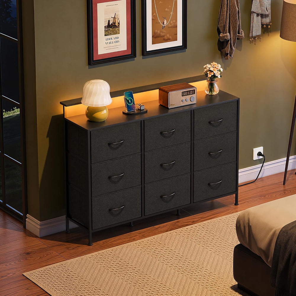 WLIVE Black Dresser TV Stand 9 Drawers, Fabric Chest of Drawers LED Lights