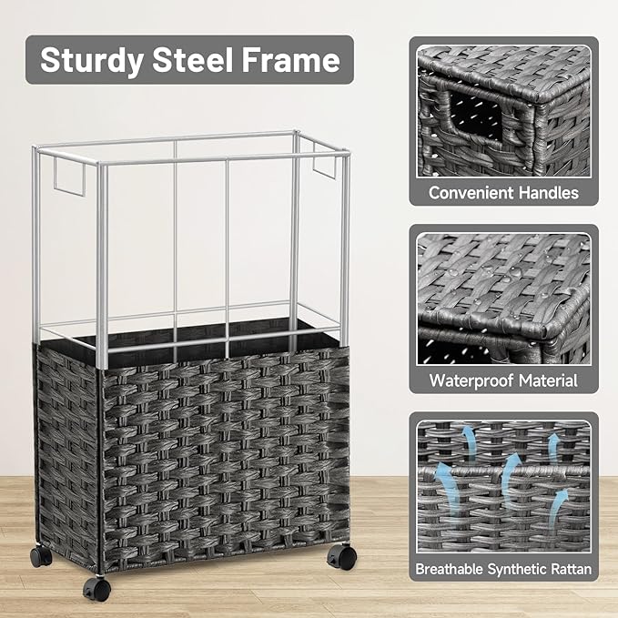 70L Slim Laundry Hamper with Lid & Wheels, 2-Park Rolling Laundry Basket with 4 - Image 7