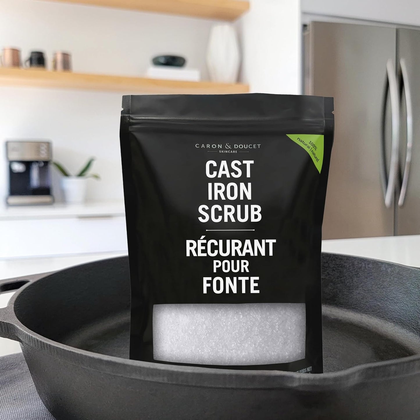 CARON & DOUCET - Cast Iron Care Seasoning Bundle - CastIron Oil & Cast Iron Scrub - 100% Plant Based Formulation - Helps Maintain Seasoning on All Cookware (8 fl oz & 1 lb)
