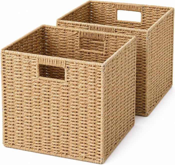 13x13x13 Inch Wicker Storage Basket Set of 2, FAAYUCK Handwoven Storage Cube Bins with Handle for Shelves, Foldable Wicker Organizer Basket for Bedroom, Laundry, Livingroom