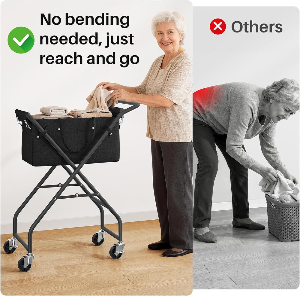 No-Bend Laundry Cart- Rolling Hamper with Locking Wheels & Handle, Foldab...