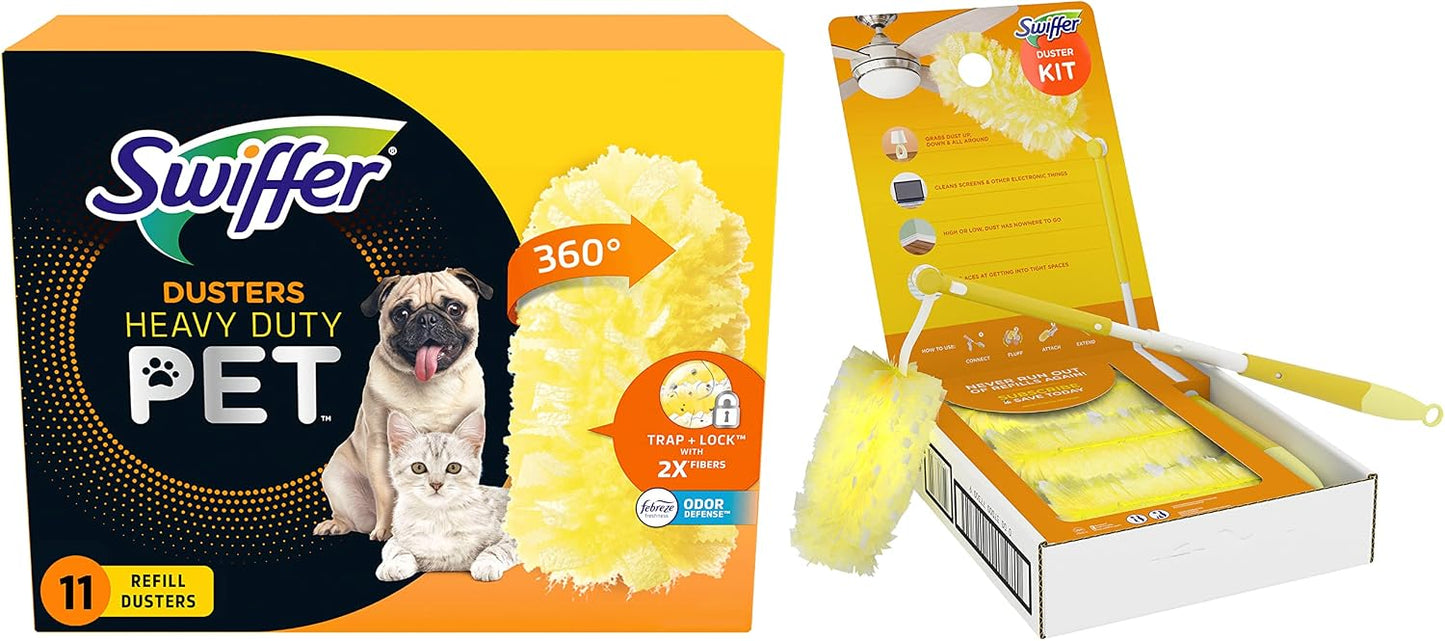 Swiffer Duster Extended Handle Starter Kit and Heavy Duty Refill Cleaning Bundle