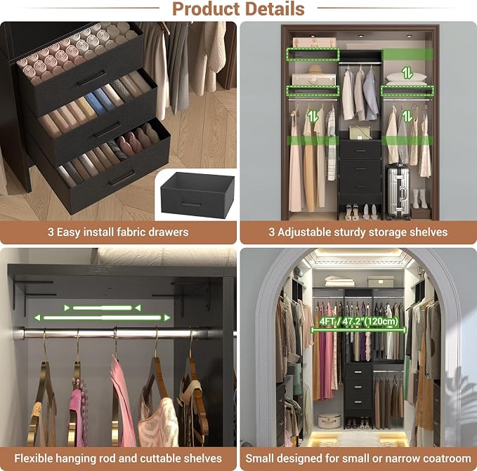 4FT Small Closet System with 3 Fabric Drawers, Flexible Built-In Clothes - Image 4