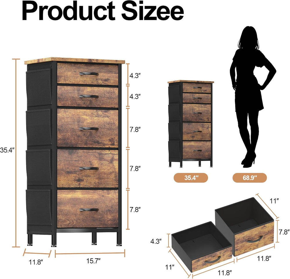 HCHQHS Tall Dresser for Bedroom 5 Drawers Fabric Rustic Brown