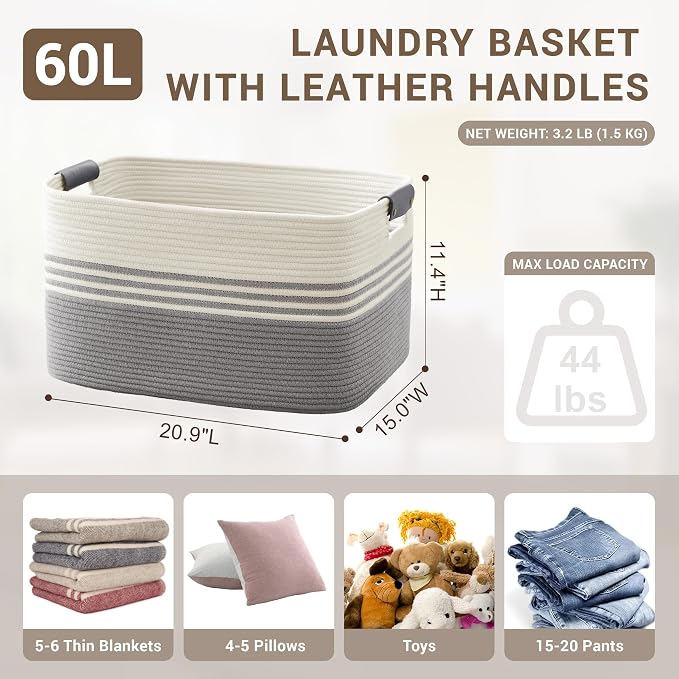 60L Large Laundry Basket with Leather Handles - Image 2