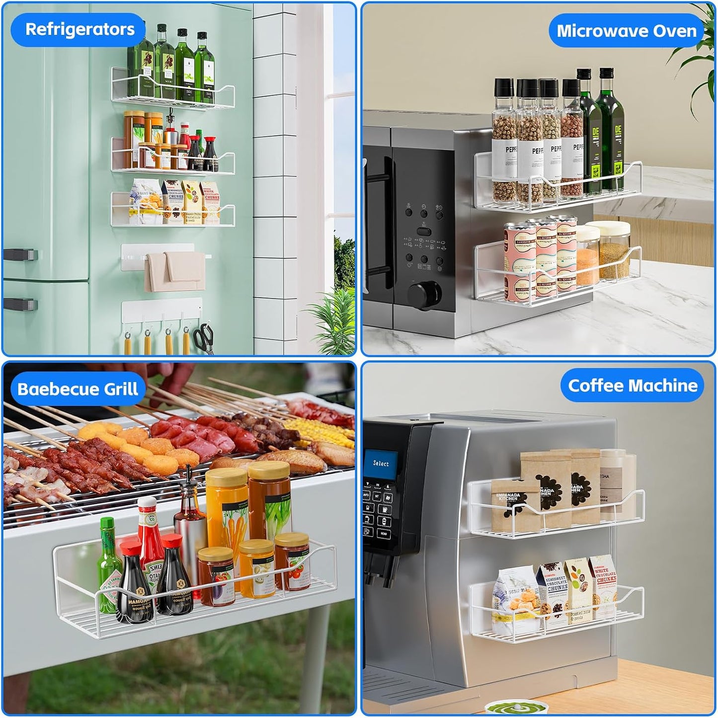 Magnetic Spice Rack for Refrigerator, 5 Pack Magnetic Fridge Organizer Shelves, Strong Magnetic Hold, No Drilling, Space Saving Storage Rack for Kitchen & Washing Machine Organizer (White)