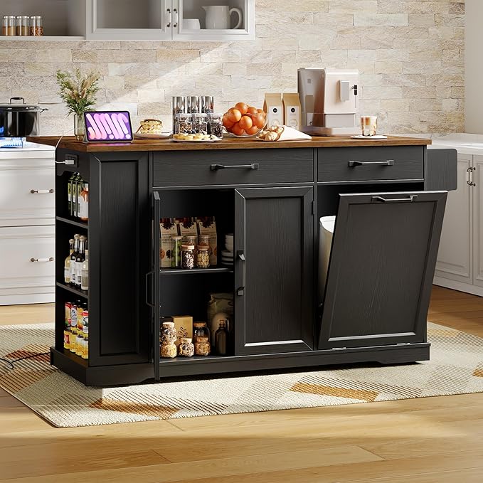 Kitchen Island with Power Outlet & Drop Leaf, Rolling Storage Cart with Trash by RALGEND
