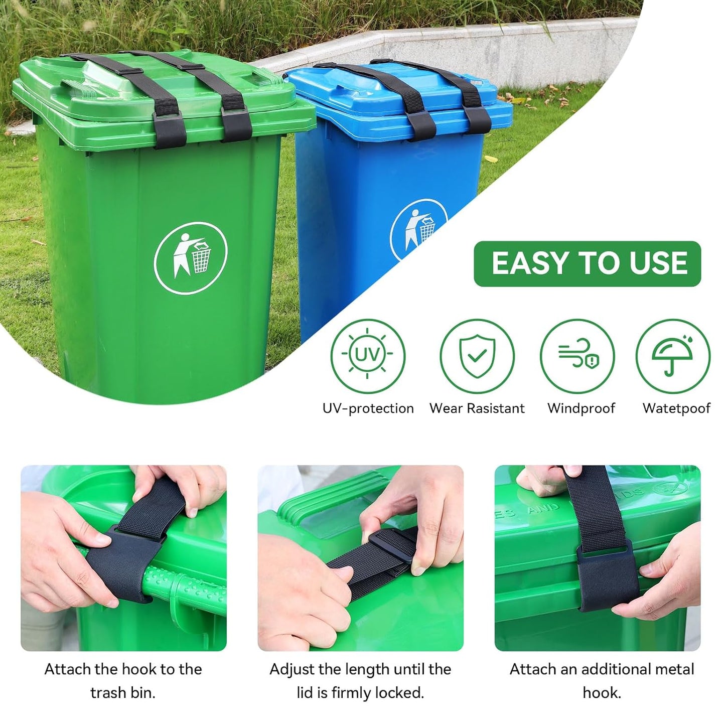 2PCS Trash Can Locks for Animals，Bear Proof Trash Can Locks with Durable Metal Claws, Adjustable Strap Fit for Most Outdoor Garbage Cans (28-96 Gallon)