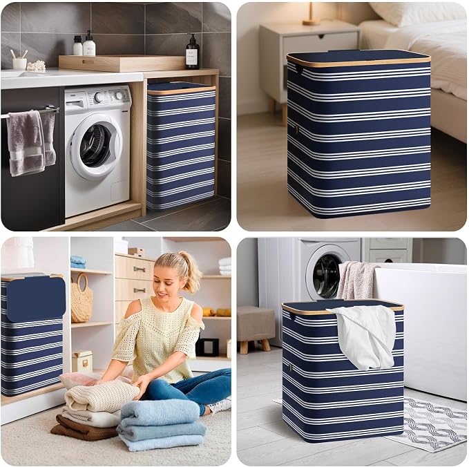 BALEINE Laundry Hamper with Lid, Tall Laundry Baskets with Bamboo Pull Handles - Image 8