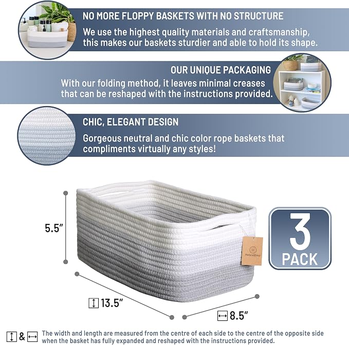 NaturalCozy 13.5”x8.5”x5.5” Rectangle Storage Baskets - Image 2