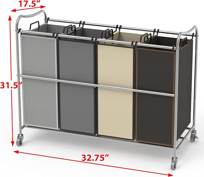 Simple Houseware 4-Bag Heavy Duty Laundry Sorter Rolling Cart - Image 5
