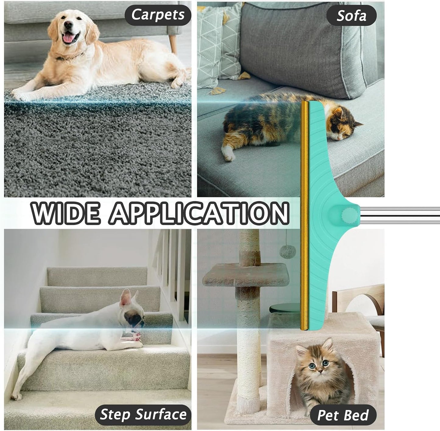 Carpet Rake for Pet Hair Removal - Reusable Pet Hair Remover, 45” Adjustable Long Handle Cat Dog Carpet Rake Scraper with Patented Design, Dog Hair Rake Brush for Rugs, Mats