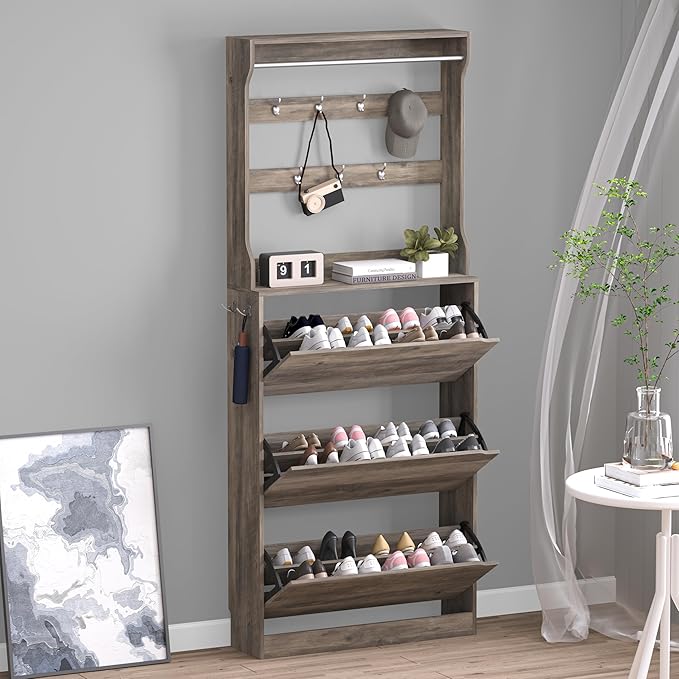 Shoe Cabinet with 3 Flip Drawers & Coat Rack, Narrow Hidden Shoe Storage Cabinet by BORNOON