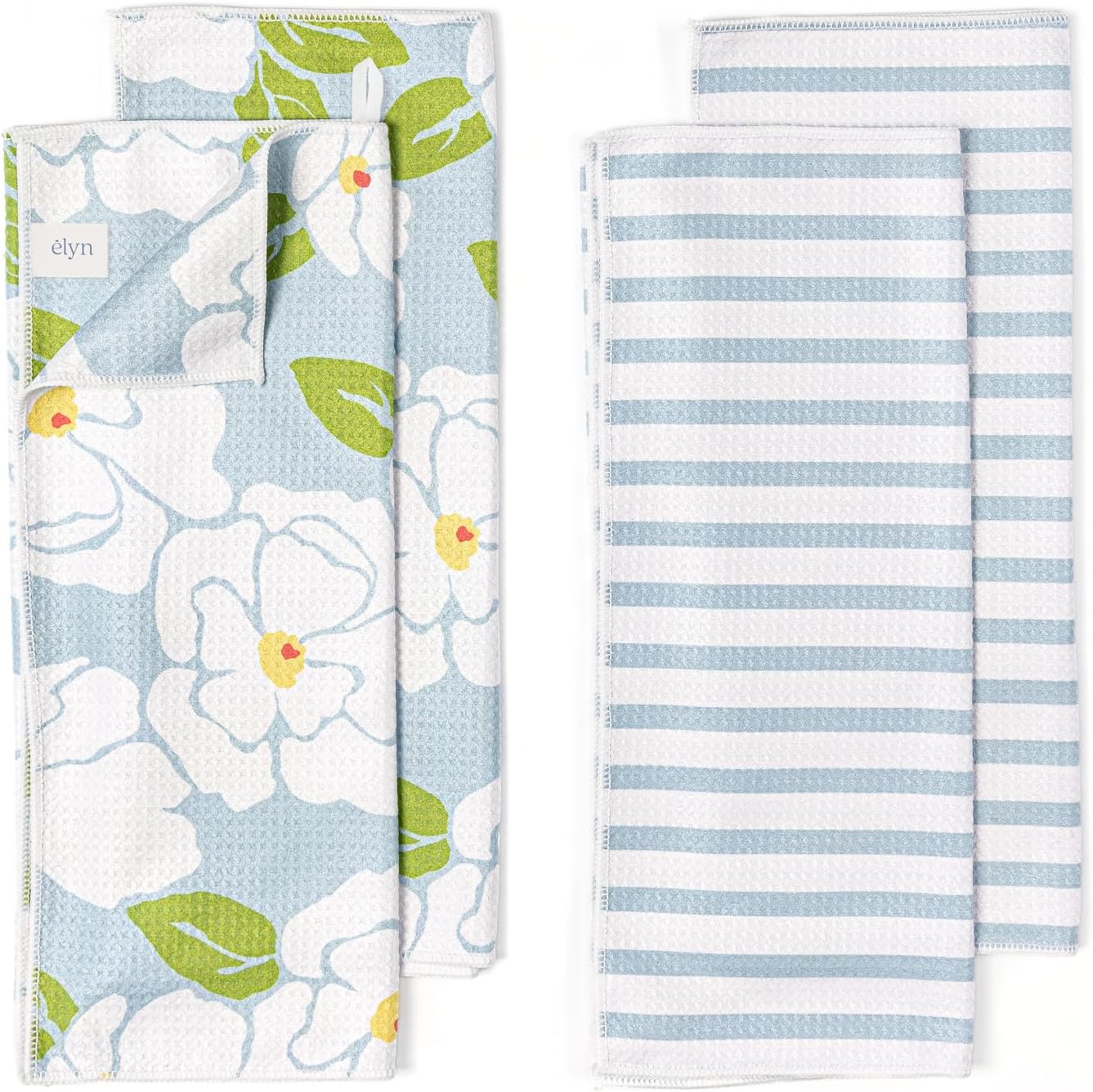 Microfiber Kitchen Dish Towel Set, Quick-Dry & Absorbent Waffle Weave Cleaning Towels, Set of 4 Kitchen Towels, Paper Towels Alternative (Magnolias & Stripe)