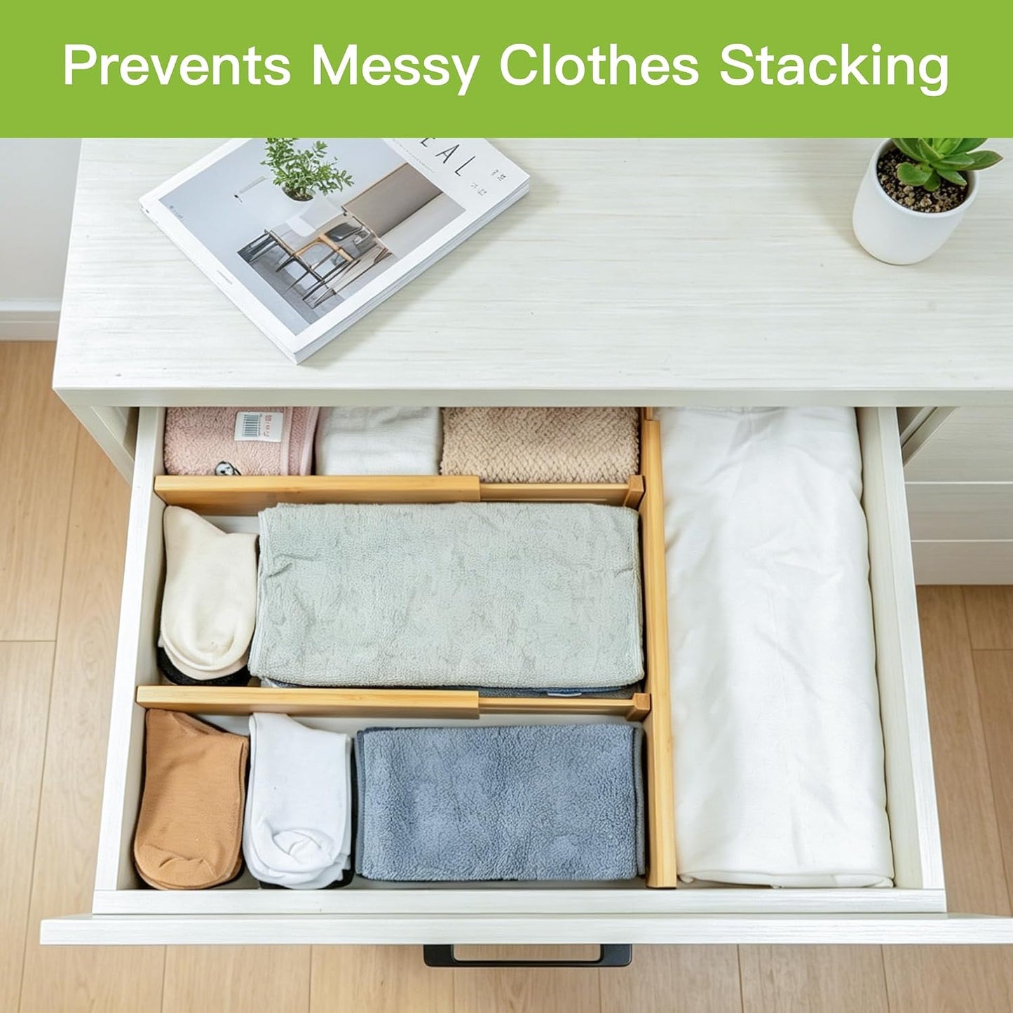 Utoplike Bamboo Dresser Drawer Dividers, Expandable Organizer for Clothing | Adjustable 3.2" High Drawers Separators for Kitchen, Bathroom, Bedroom, Office Storage, 4Pcs, Fit 13.5"-16" Inner Drawer