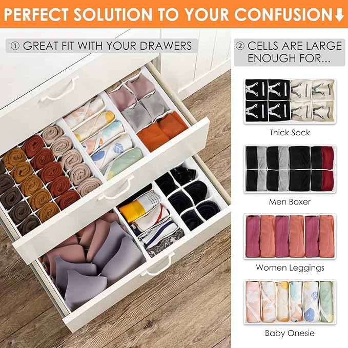 6 Pack Sock Underwear Drawer Organizer Dividers, 58 Cell Foldable Fabric - Image 3