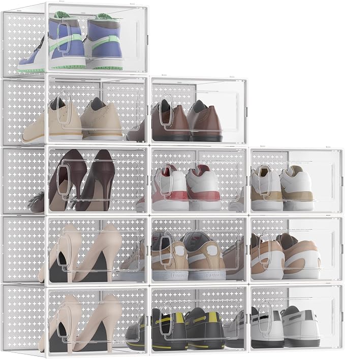 12 Pack Large Modular Clear Plastic Stackable Shoe Storage Organizer - Image 8