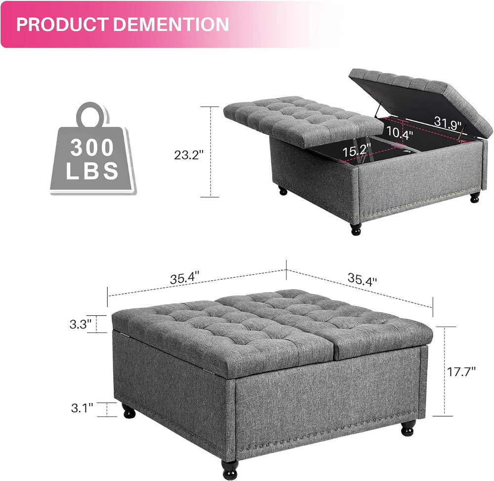 Redlife 35 Inch Large Square Storage Ottoman, Coffee Table Ottoman, Linen