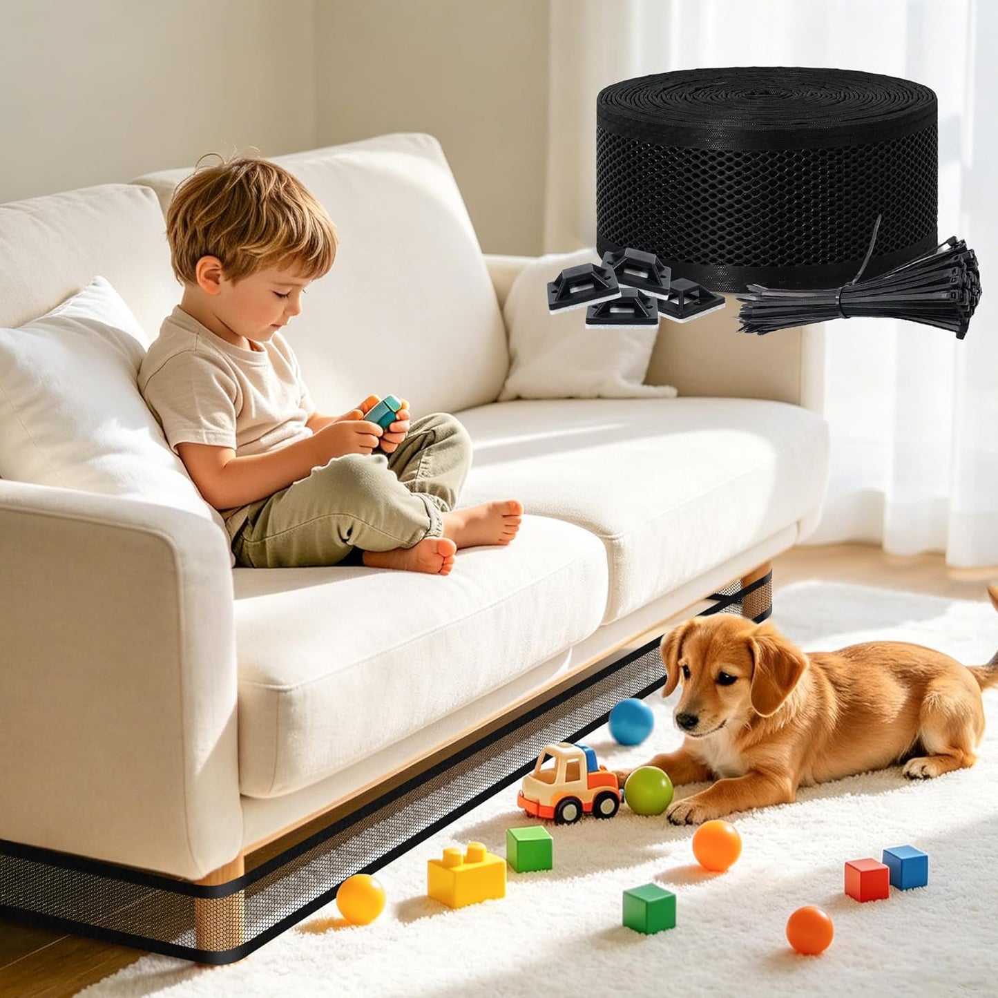 Under Couch Blocker for Toy, sunoyar Under Bed Blocker for Pets Adjustable, Toy Stoppers for Under Furniture & Sofa Plastic Mesh with Zip Ties Gap Guard Stops Lost Toys (L394 x H3)