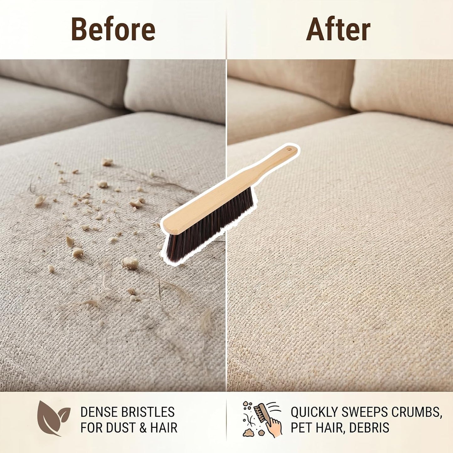 2 Pack Hand Broom Dust Brush with Soft Bristles, Wooden Bench Brush for Countertop, Sofa, Pet Hair, Keyboard, Car and Household Cleaning