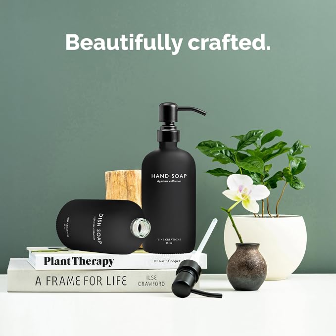 Vine Creations Black Glass Soap Dispenser Set, Dish Soap and Hand Soap - Image 2