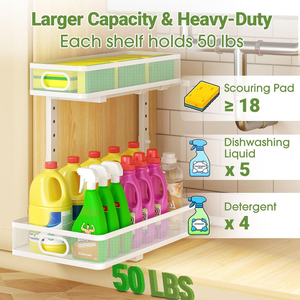 Under Sink Organizer 2-Pack, Metal 2-Tier Pull-Out Cabinet Shelf with Slide-O...