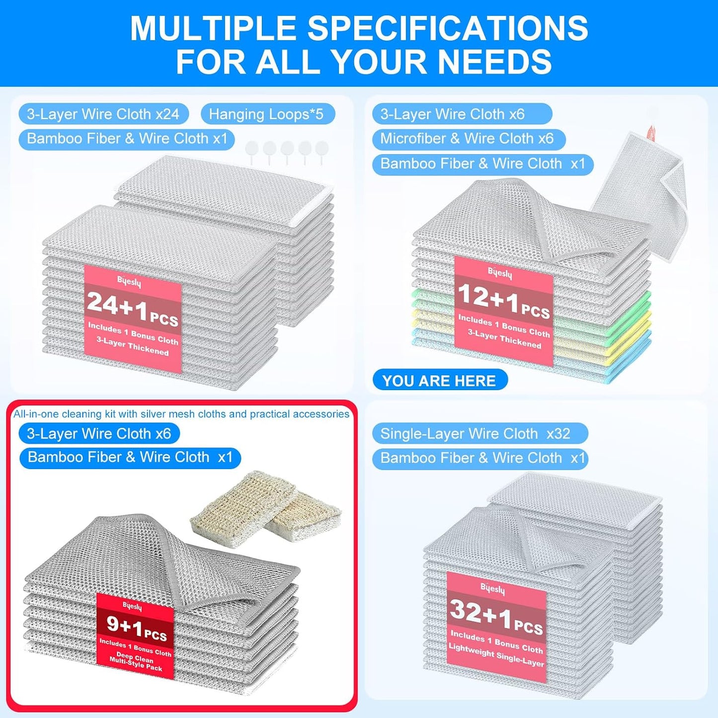Non Scratch Wire Dishcloth, Metallic Fiber Cleaning Cloths - 9+1 Pcs Deep Clean Multi-Style Pack, for Dishes, Sinks & Pans (7.87x7.87 Inches)