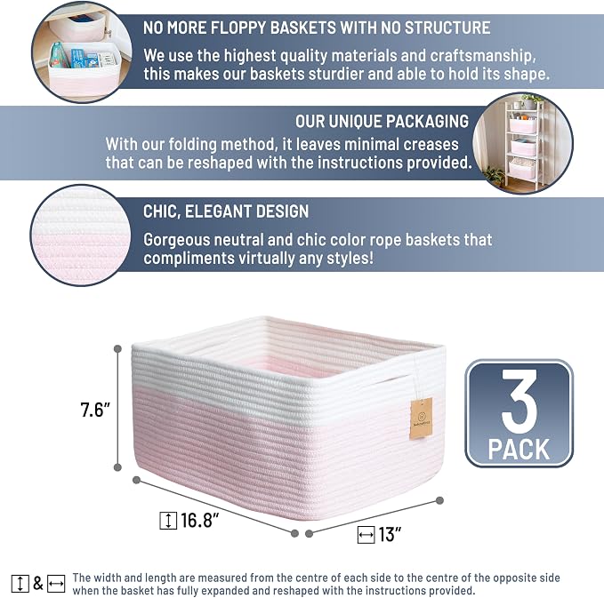NaturalCozy Storage Baskets 16.8”x13”x7.6” Cotton Rope Woven Baskets - Image 2