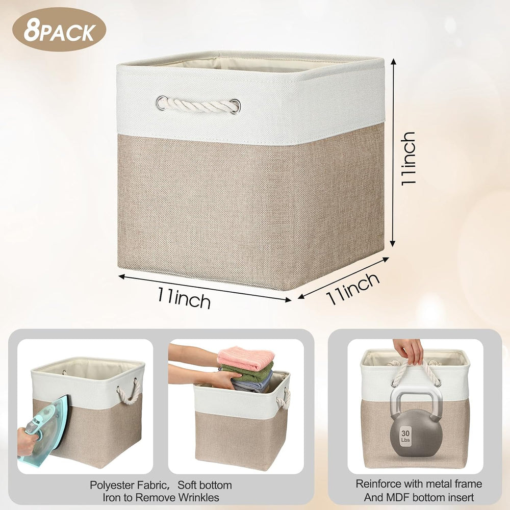 meekoo 8 Pack Fabric Storage Bins Baskets, 11 x 11 x 11 in, Beige