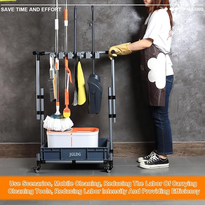 Freestanding Mobile Cleaning Tool Storage Rack, Mop and Broom Holder